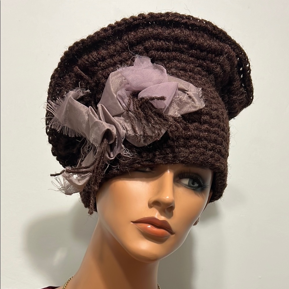 Elegant Brown Crochet Hat with Purple Accents